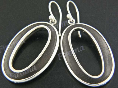 1 1/4" 925 Silver Sono Dark Wood Oval French Hook Earrings
