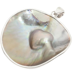 925 Silver Heart Mabe Blister Pearl In The Shell Sterling Pendant, 2 1/4"