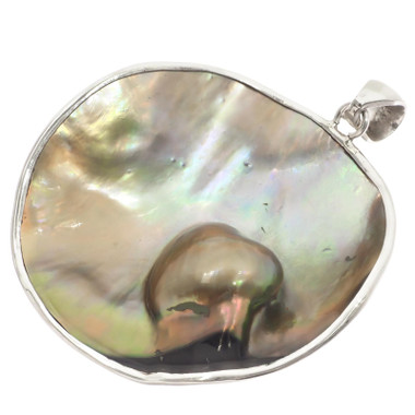 925 Silver Heart Mabe Blister Pearl In The Shell Sterling Pendant, 2 1/4"