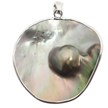 925 Silver Heart Mabe Blister Pearl In The Shell Sterling Pendant, 2 1/4"