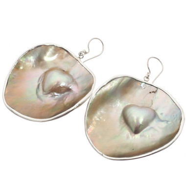 925 Silver Heart Shape Blister Mabe Pearl Shell Sterling Earrings,1 5/8"