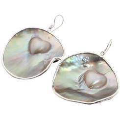 925 Silver Heart Shape Blister Mabe Pearl Shell Sterling Earrings,1 5/8"