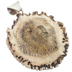 925 Silver Relief Hand Carving Grizzly Bear Deer Antler Sterling Pendant, 2 3/8"