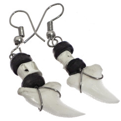 Awesome White Tip Shark Tooth Surfer Style Earrings, 1 1/4"