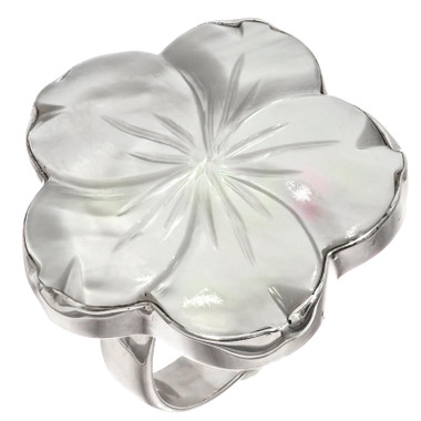 925 Silver Radiant White Oyster Mother Of Pearl Shell Flower Adjustable Ring