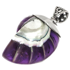 925 Silver Purple Iridescent Nautilus Shell In Sterling Pendant, 1 3/4"