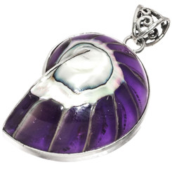 925 Silver Cool Open Purple  Nautilus Shell Sterling Pendant, 1 3/4"