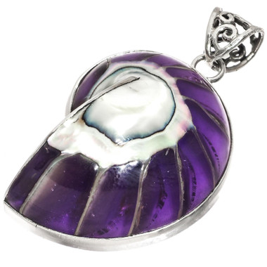 925 Silver Cool Open Purple  Nautilus Shell Sterling Pendant, 1 3/4"