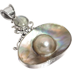 925 Silver Design Mabe Pearl Moonstone Gemstone Pendant, 2 1/16"