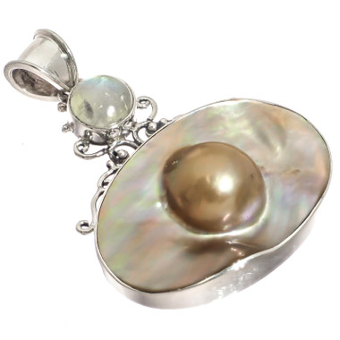 925 Silver Design Mabe Pearl Moonstone Gemstone Pendant, 2 1/16"