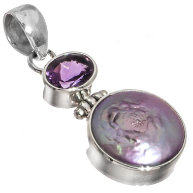 925 Silver Amethyst Lavender Biwa Freshwater Pearl Sterling Pendant, 1 1/2"