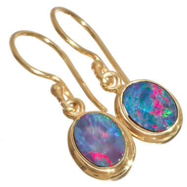 Australian Natural Opal Doublet Gold Plated On 925 Sterling Silver Earrings, 7/16"