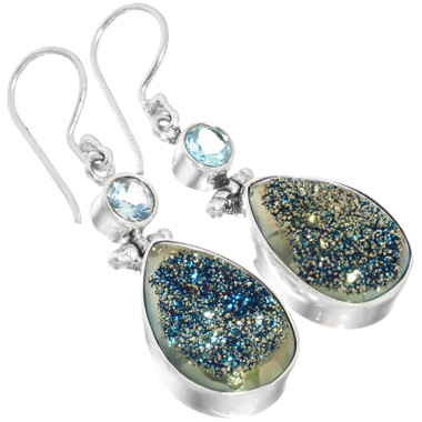 925 Silver Blue Gold-tone Sparkling Agate Druzy Topaz Sterling Drop Earrings,1"