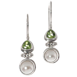 925 Silver Peridot White Freshwater Button Pearl Sterling Earrings, 3/4"