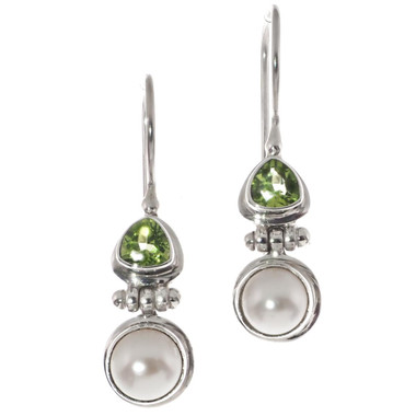 925 Silver Peridot White Freshwater Button Pearl Sterling Earrings, 3/4"