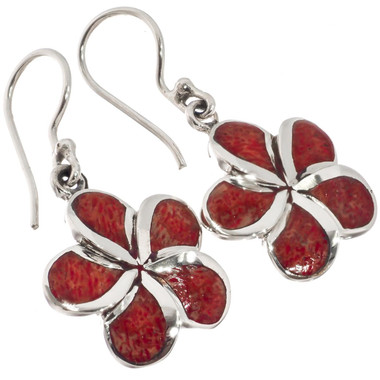 925 Silver Plumeria Flower Style Red Sponge Coral Shell Sterling Earrings, 3/4"
