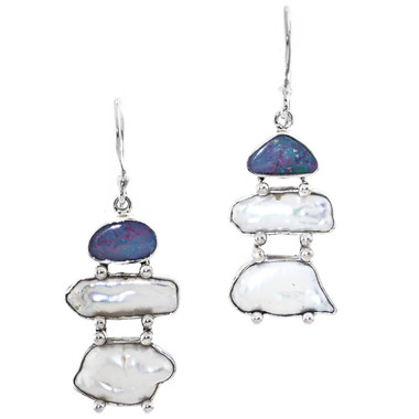 925 Silver Freshwater Stick Pearl Australian Opal Sterling Earrings, 1"
