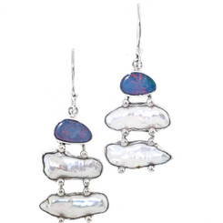 925 Silver Freshwater Stick Pearl Australian Opal Sterling Earrings, 1"