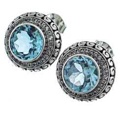925 Silver Sparkling Scroll Filigree 9mm Blue Topaz Sterling Post Earrings, 5/8"