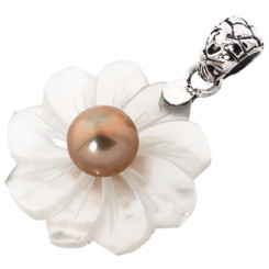925 Silver Mother Of Pearl Shell Flower Gold Pearl Sterling Pendant, 1 1/4"