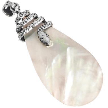925 Silver Iridescent White Oyster Mother Of Pearl Shell Pear  Snake Pendant, 2"