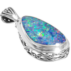 925 Silver Large Genuine Australian Opal Gem Sterling Filigree Pendant, 1 1/4"