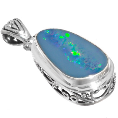 925 Silver Large Genuine Australian Opal Gem Sterling Filigree Pendant, 1 1/4"