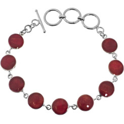 925 Silver Genuine Red Sponge Coral Shell Links Sterling Bracelet, 6.5-7.5"