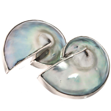 925 Silver Large Blue Luster Nautilus Shell Sterling Clip-on Earrings, 1 1/4"