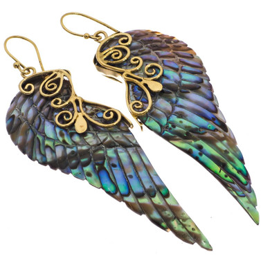 Exquisite Paua Abalone Shell Wing Hand Carving Brass Filigree Earrings, 2 1/2"