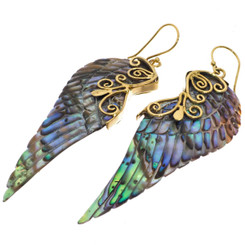Exquisite Paua Abalone Shell Wing Hand Carving Brass Filigree Earrings, 2 1/2"