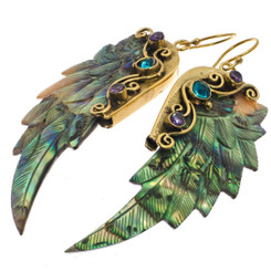 Paua Abalone Shell Wing Hand Carving Brass Filigree Drop Earrings, 2 1/4"