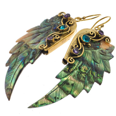 Paua Abalone Shell Wing Hand Carving Brass Filigree Drop Earrings, 2 1/4"