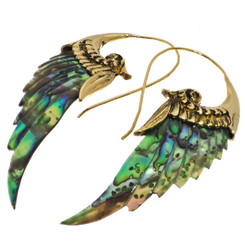 Exquisite Paua Abalone Shell Wing Hand Carving Brass Filigree Earrings, 2 1/2"