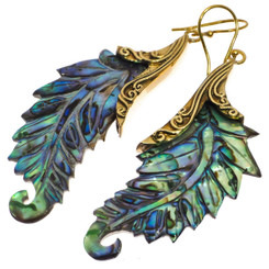 Exquisite Paua Abalone Shell Leaf Hand Carving Brass Filigree Earrings, 2 1/4"