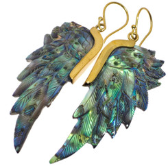 Exquisite Paua Abalone Shell Wing Hand Carving Brass Metal Earrings, 2 1/2"