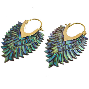 Exquisite Paua Abalone Shell Leaf Hand Carving Brass Earrings, 1 5/8"