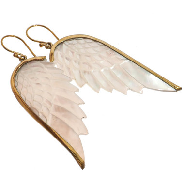 Exquisite Angel Wing Oyster Mother Of Pearl Shell Hand Carving Earrings, 1 7/8"