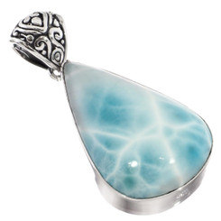 925 Silver Big Blue Larimar Bali Handmade Sterling Pendant, 1 5/8"