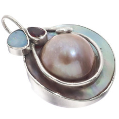 925 Silver Mabe Pearl Genuine Opal Tourmaline Pendant, 1 9/16"