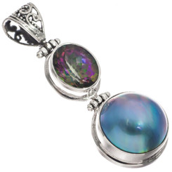 925 Silver Blue Mabe Pearl Purple Mystic Topaz Sterling Silver Pendant, 1 7/8"
