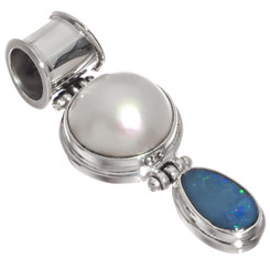925 Silver White Mabe Pearl Genuine Opal Pendant, 1 5/8"