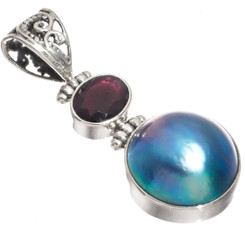 925 Silver Ocean Blue Mabe Pearl Red Garnet Sterling Pendant, 1 5/8"