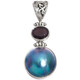 925 Silver Ocean Blue Mabe Pearl Red Garnet Sterling Pendant, 1 5/8"