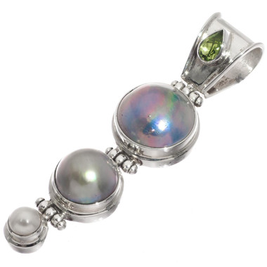 925 Silver Pacific Ocean Cultured Blue Mabe Pearl Peridot Sterling Pendant, 2"