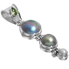 925 Silver Pacific Ocean Cultured Blue Mabe Pearl Peridot Sterling Pendant, 2"