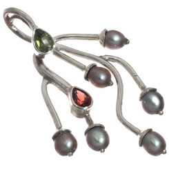 925 Silver Peacock Freshwater Pearl On Vine Peridot Sterling Pendant, 2 1/8"