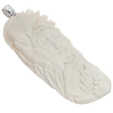 925 Silver Handcarved Sea Goddess Dolphins Bison Bone Sterling Pendant, 3 1/2"