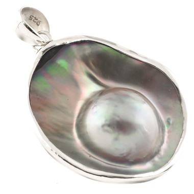 925 Sterling Iridescent Mabe Blister Pearl In Shell Sterling Pendant, 1 7/8"