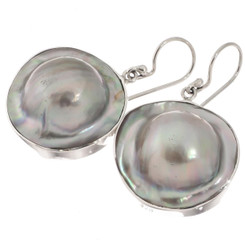 925 Silver Round Mabe In Shell Blister Pearl Sterling Earrings, 7/8"
